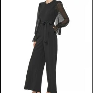 Calvin Klein NWT Womens Scuba Jumpsuit Romper Boho Tie Waist Wide Leg Black L 12